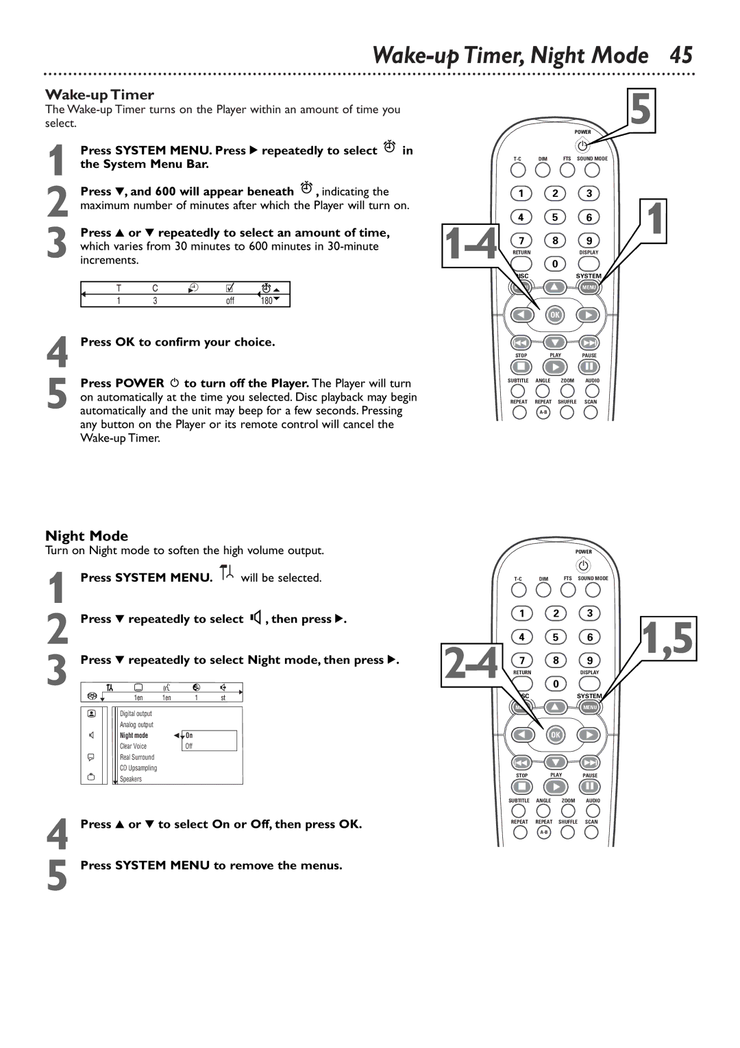 Philips DVD765SA owner manual Wake-up Timer, Night Mode 