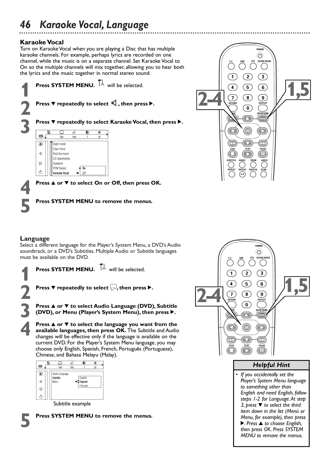 Philips DVD765SA owner manual Karaoke Vocal, Language, Chinese, and Bahasa Melayu Malay, Subtitle example 