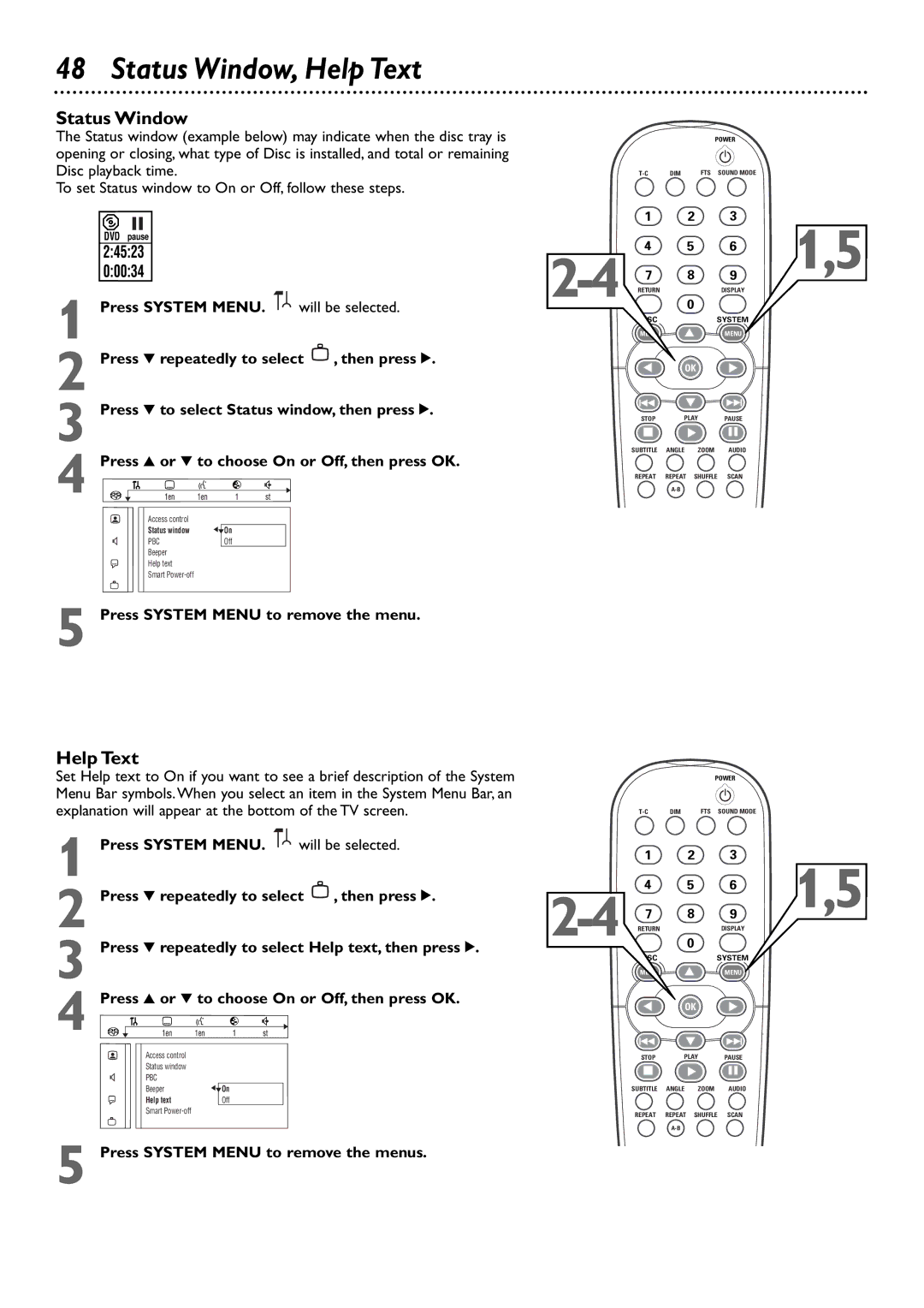 Philips DVD765SA owner manual Status Window, Help Text 