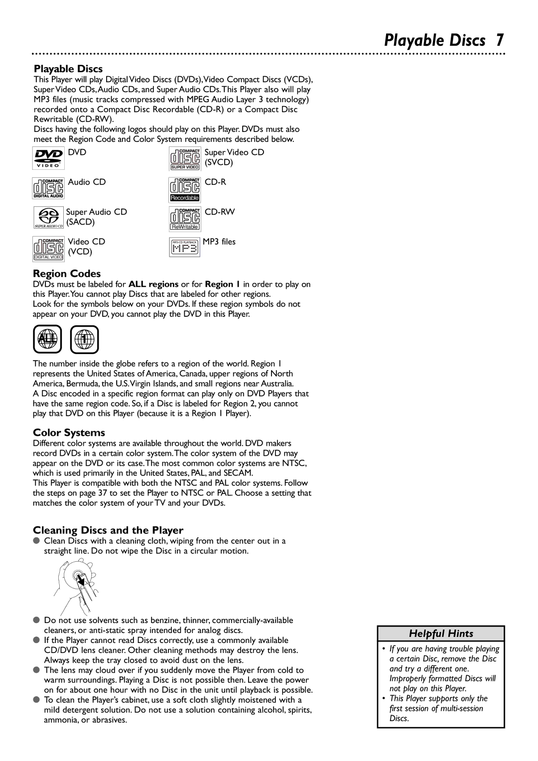 Philips DVD765SA owner manual Playable Discs, Region Codes, Color Systems, Cleaning Discs and the Player 