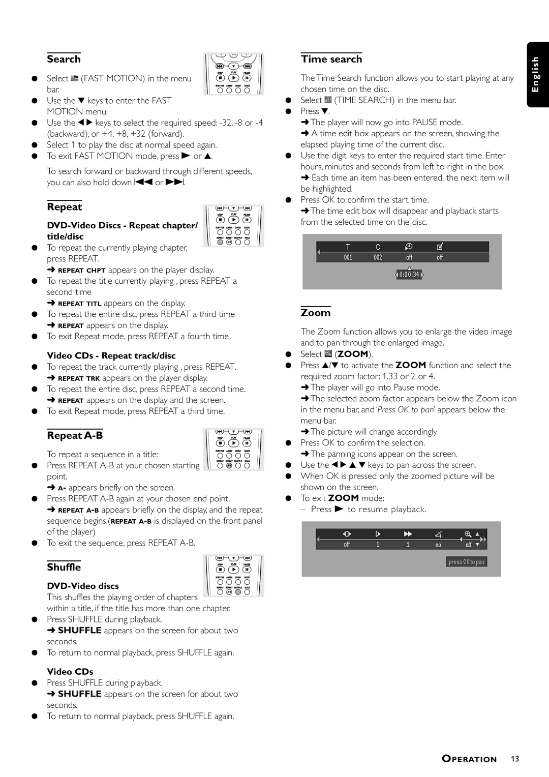 Philips DVD703/782, DVD782 manual Search, Repeat A-B, Shuffle, Zoom 