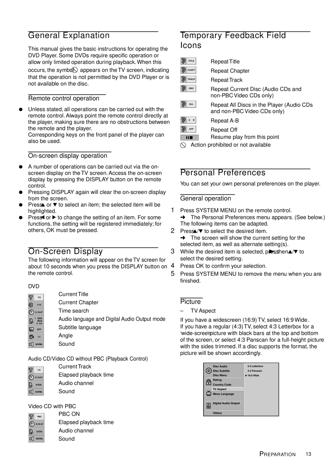 Philips DVD783C owner manual General Explanation, On-Screen Display, Temporary Feedback Field Icons, Personal Preferences 