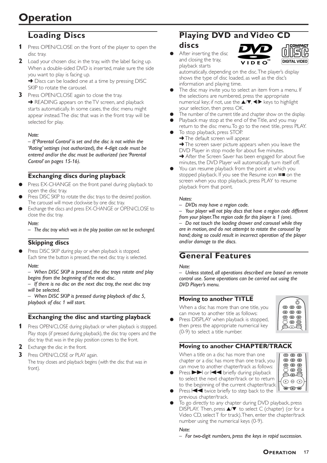 Philips DVD783C owner manual Operation, Loading Discs, Playing DVD and Video CD discs, General Features 