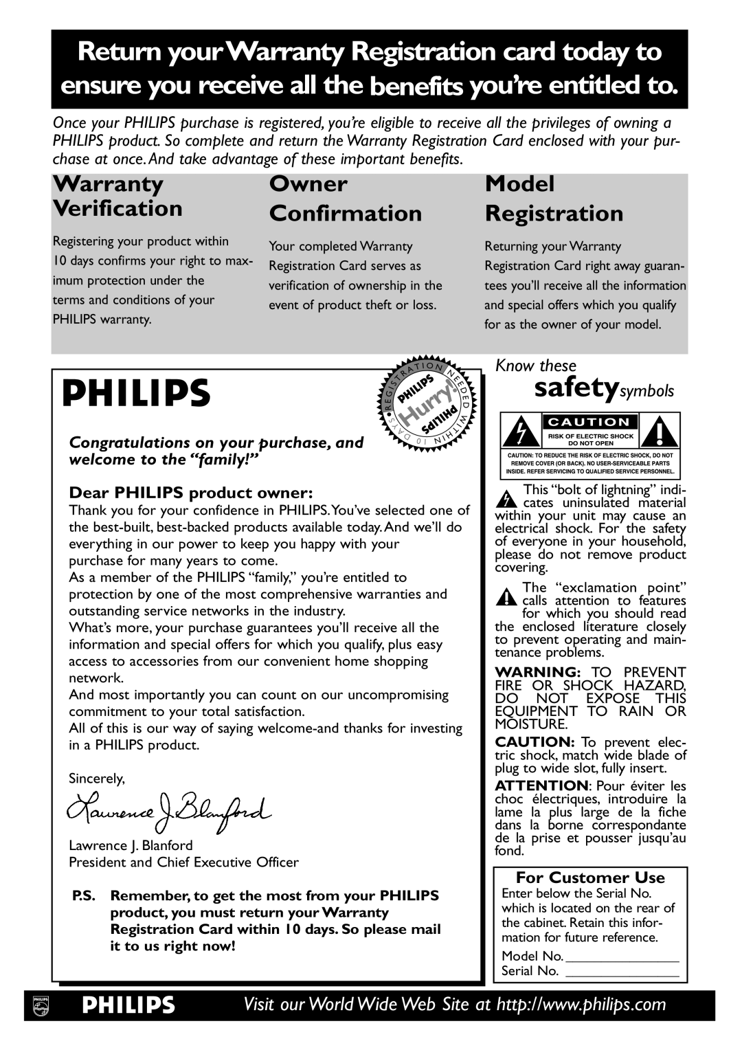 Philips DVD783C owner manual Return yourWarranty Registration card today to 