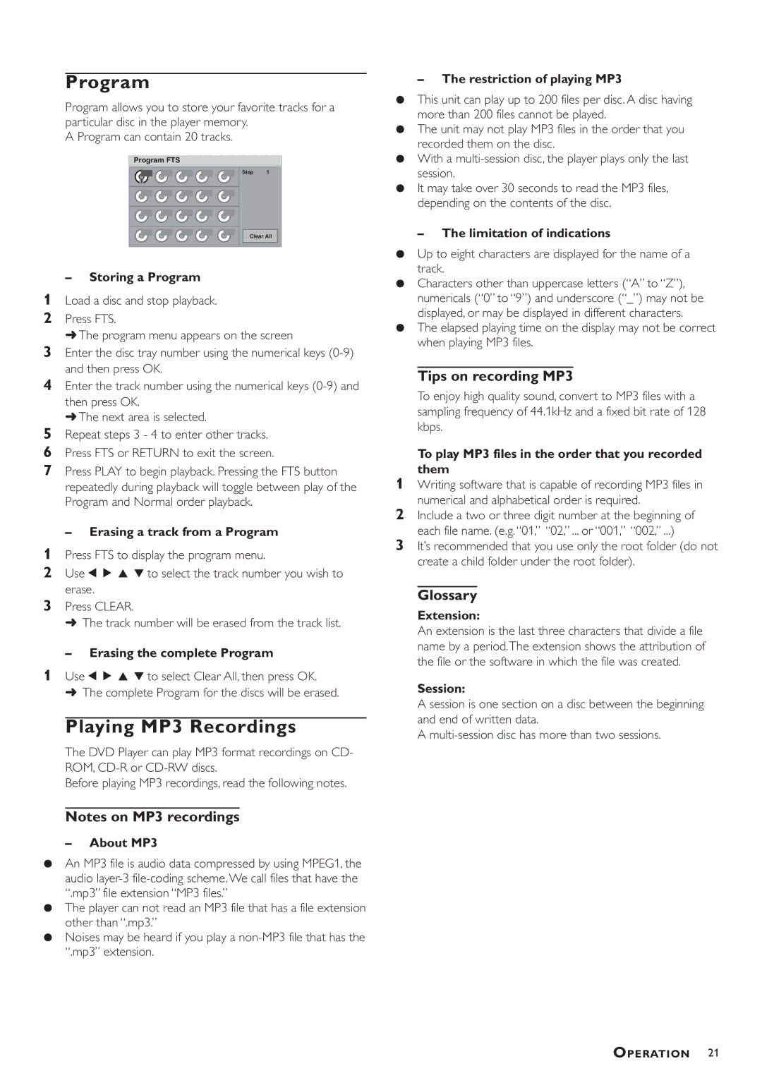 Philips DVD783C owner manual Program, Playing MP3 Recordings, Tips on recording MP3, Glossary 