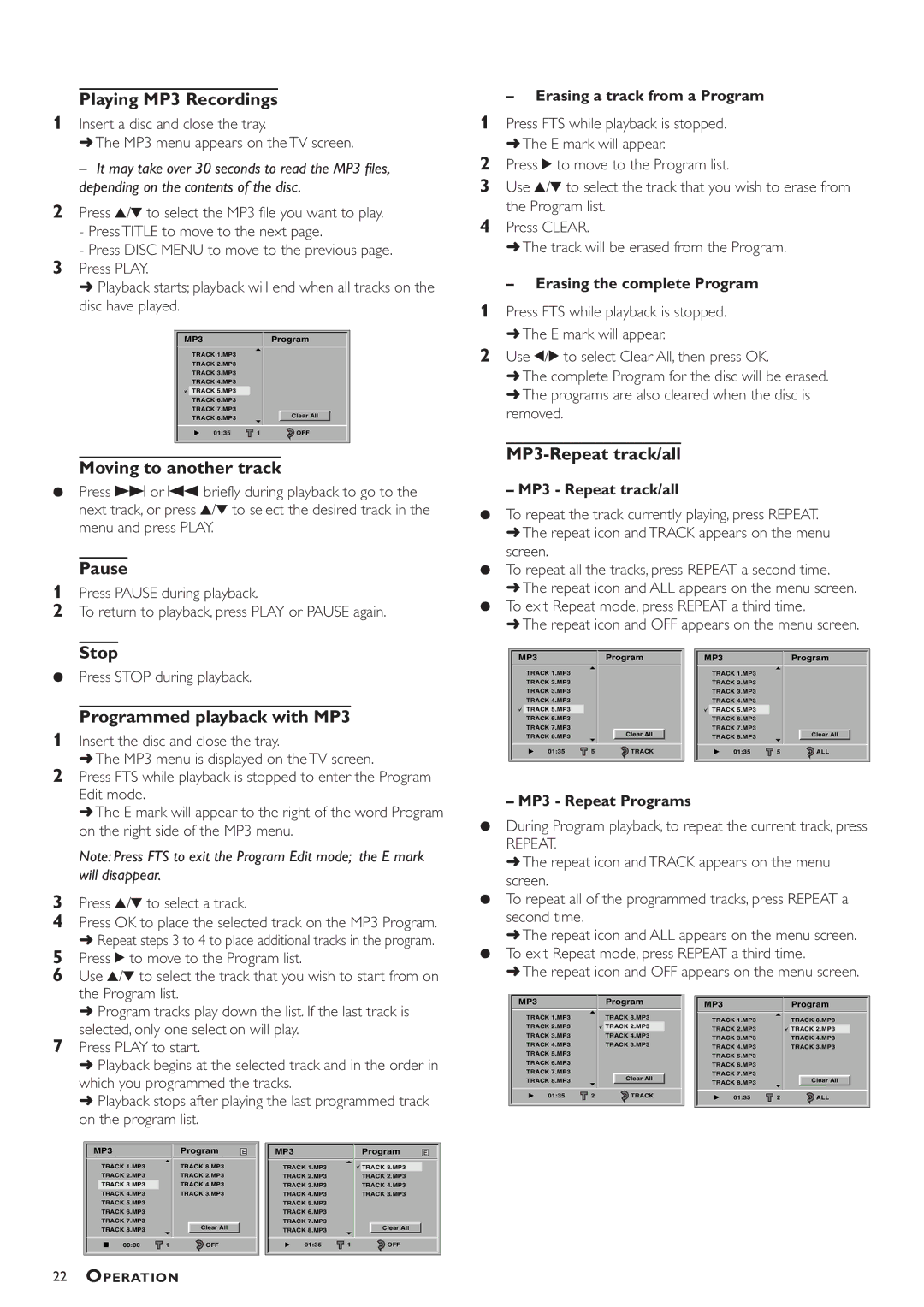 Philips DVD783C owner manual Playing MP3 Recordings, Stop, Programmed playback with MP3, MP3-Repeat track/all 