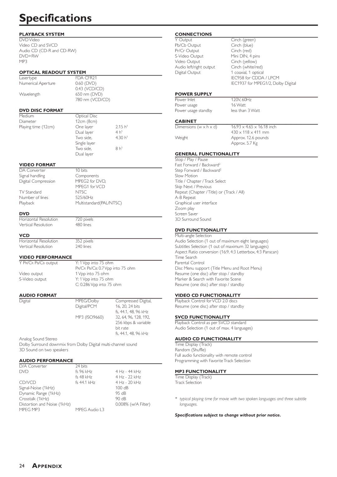 Philips DVD783C owner manual Specifications, DVD Disc Format 