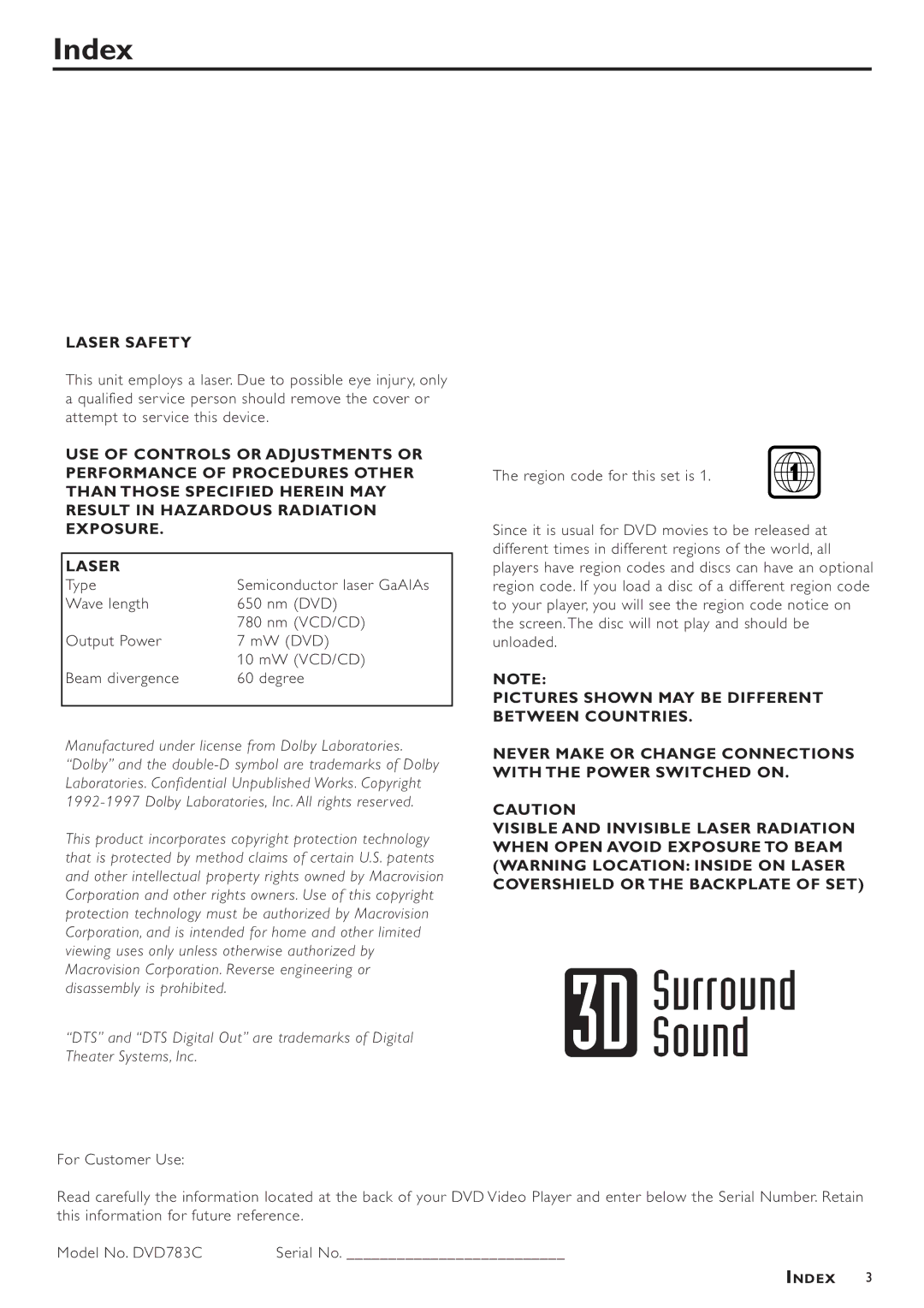 Philips DVD783C owner manual Index, Laser Safety 