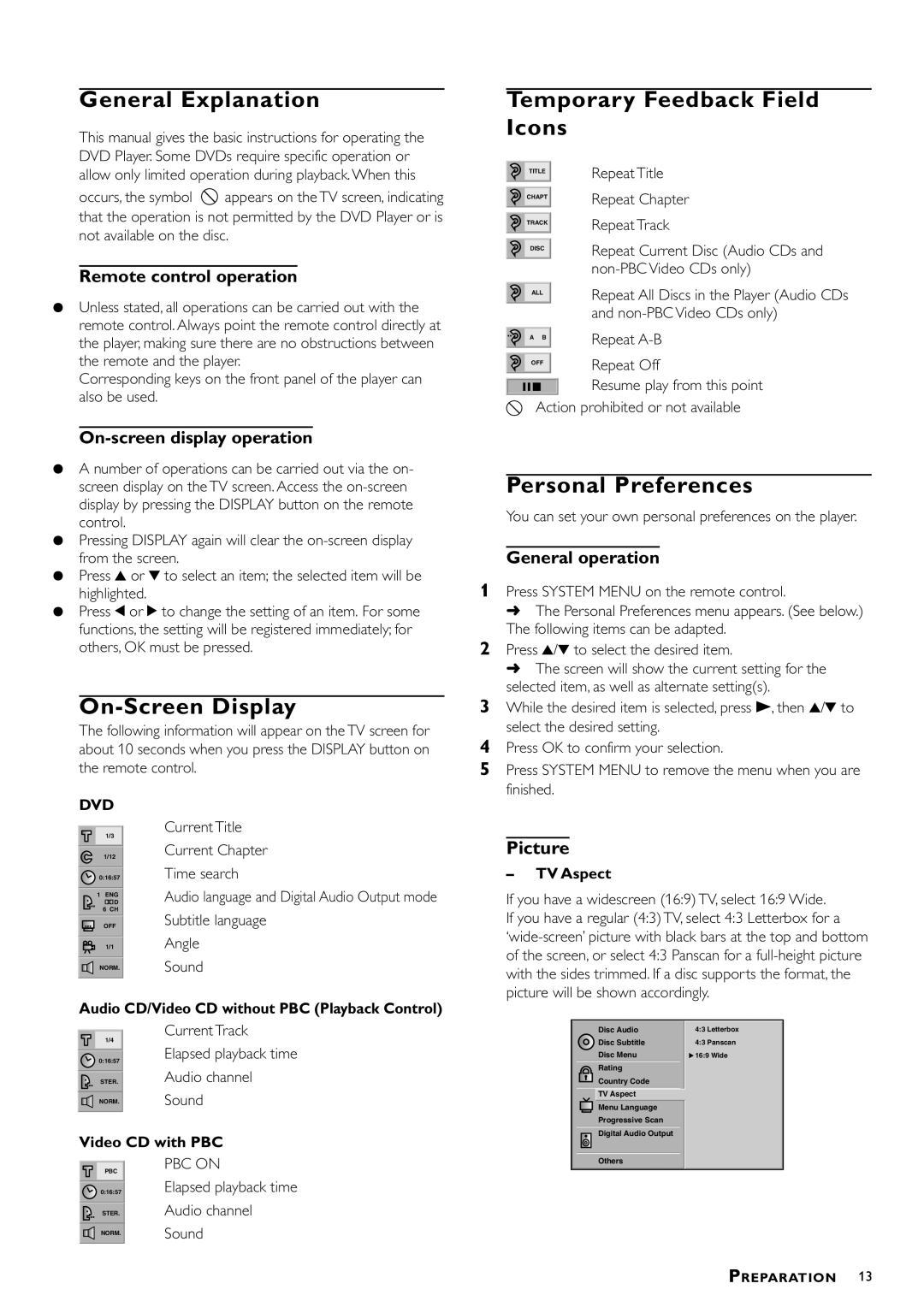 Philips DVD793C owner manual General Explanation, On-Screen Display, Temporary Feedback Field Icons, Personal Preferences 