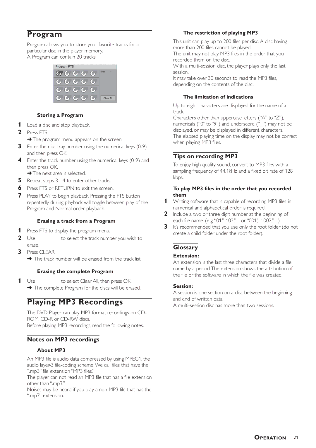 Philips DVD793C owner manual Program, Playing MP3 Recordings, Tips on recording MP3, Glossary 