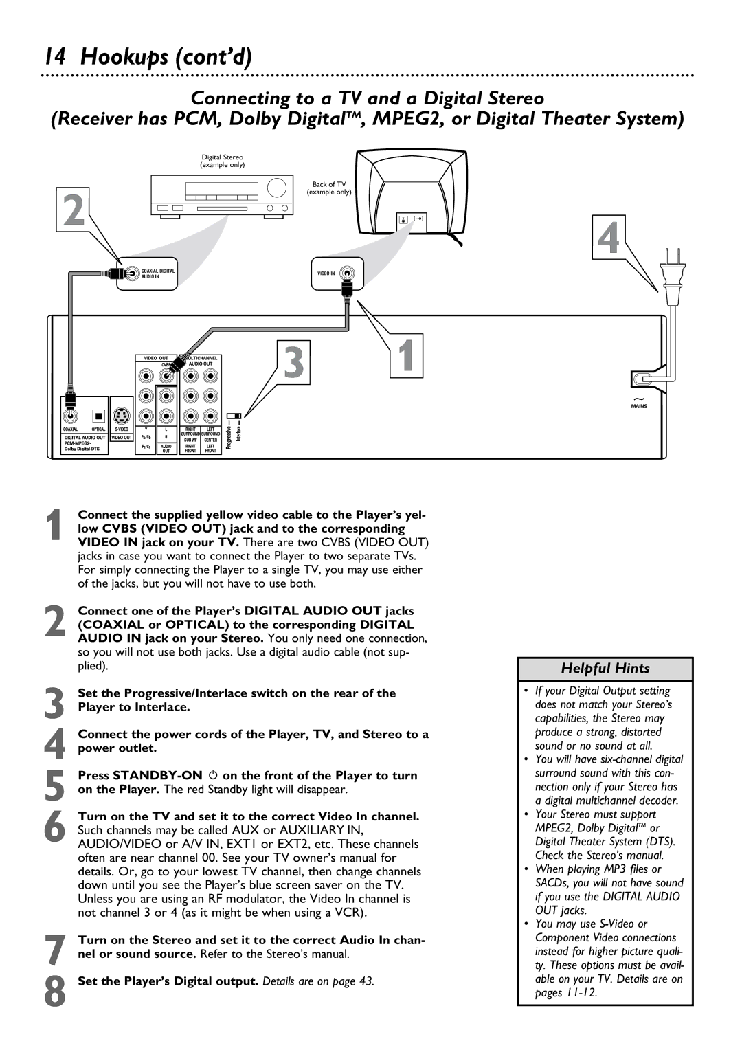 Philips DVD795SA owner manual Set the Player’s Digital output. Details are on, Connecting to a TV and a Digital Stereo 