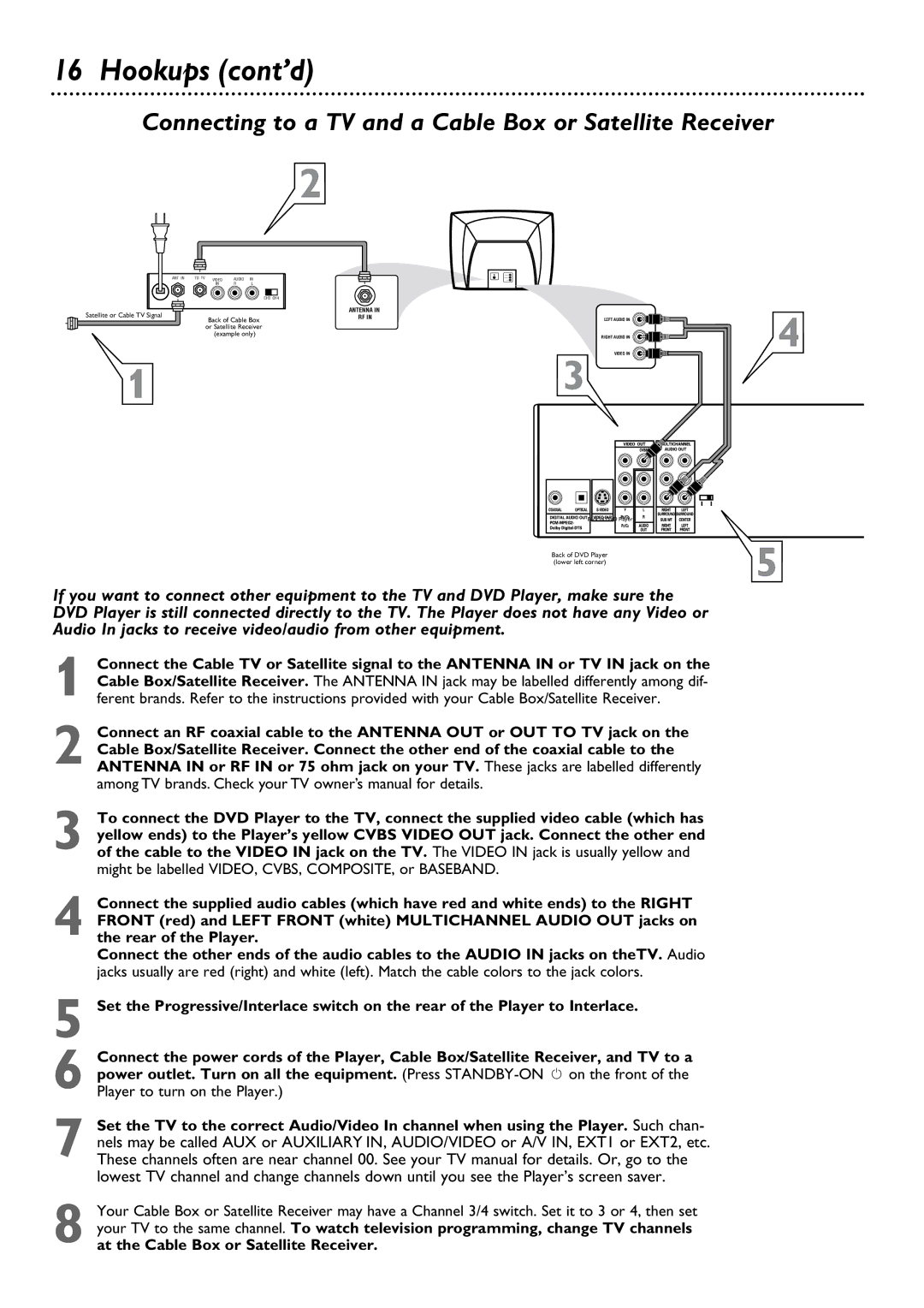 Philips DVD795SA owner manual Connecting to a TV and a Cable Box or Satellite Receiver 