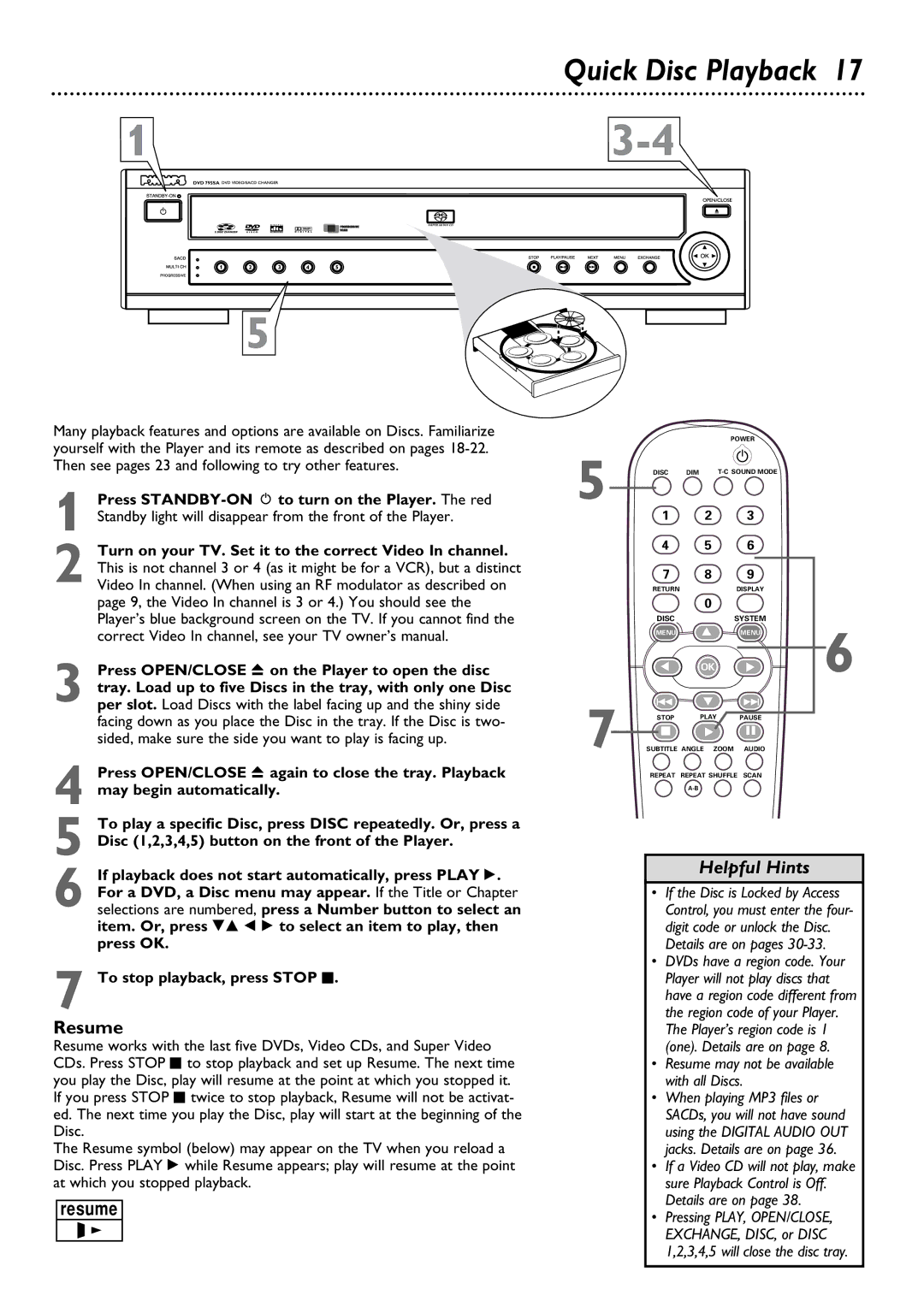 Philips DVD795SA owner manual Quick Disc Playback, Resume 