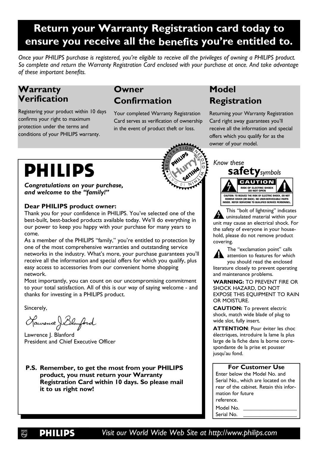 Philips DVD795SA owner manual Dear Philips product owner, It to us right now, For Customer Use 