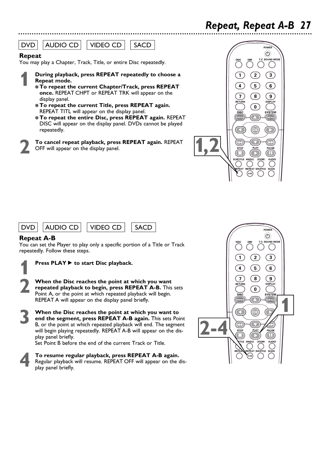 Philips DVD795SA owner manual Repeat, Repeat A-B 