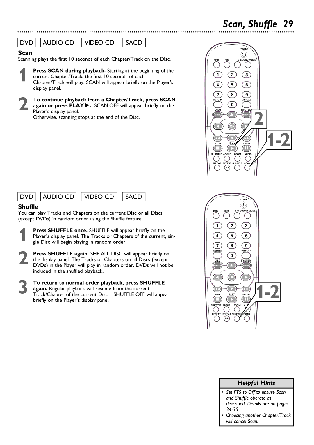 Philips DVD795SA owner manual Scan, Shuffle, To return to normal order playback, press Shuffle 