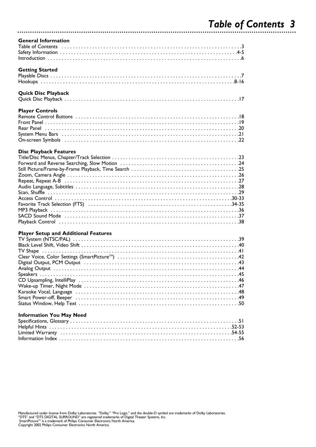 Philips DVD795SA owner manual Table of Contents 