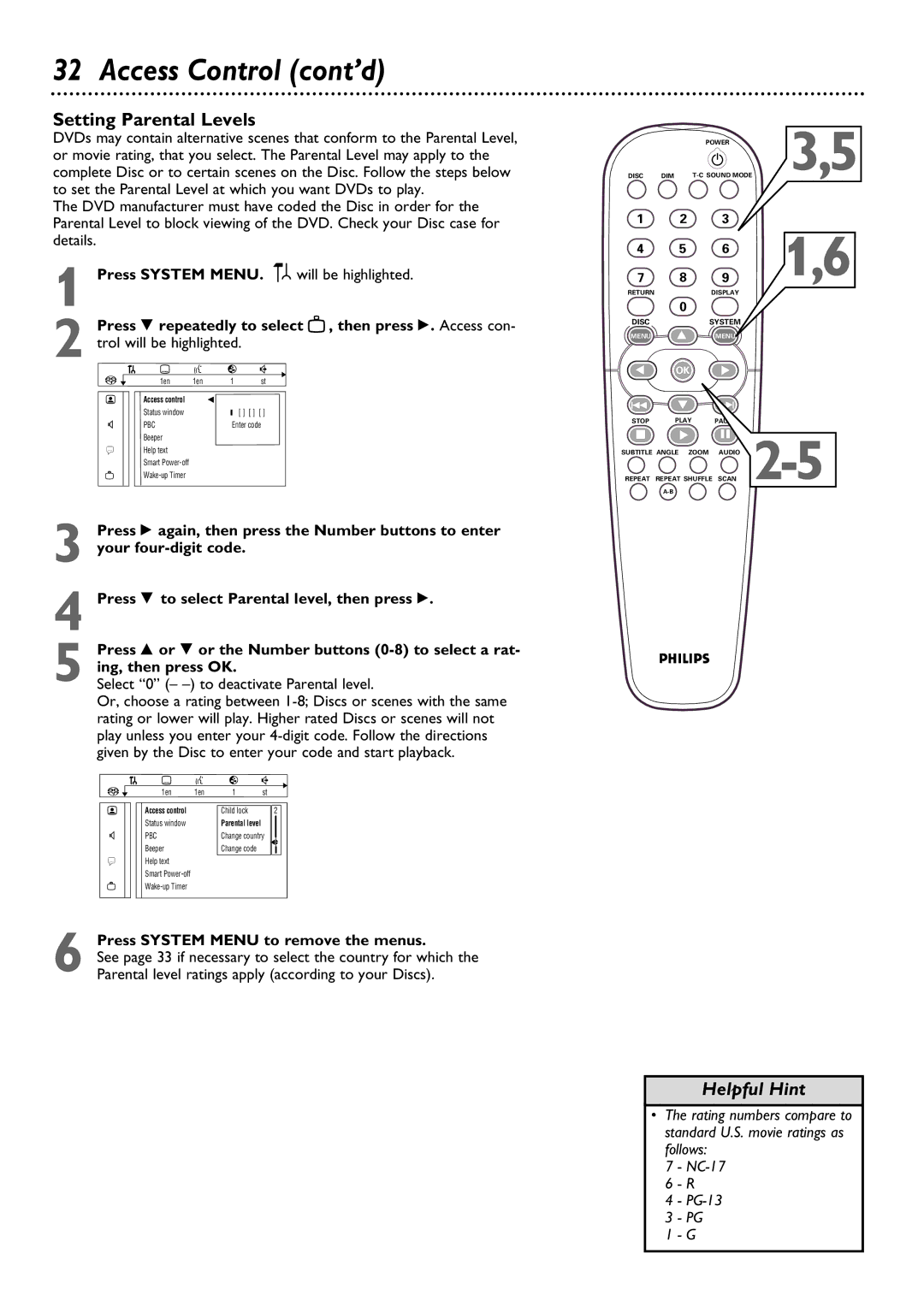 Philips DVD795SA Access Control cont’d, Setting Parental Levels, Press 9 repeatedly to select Then press . Access con 