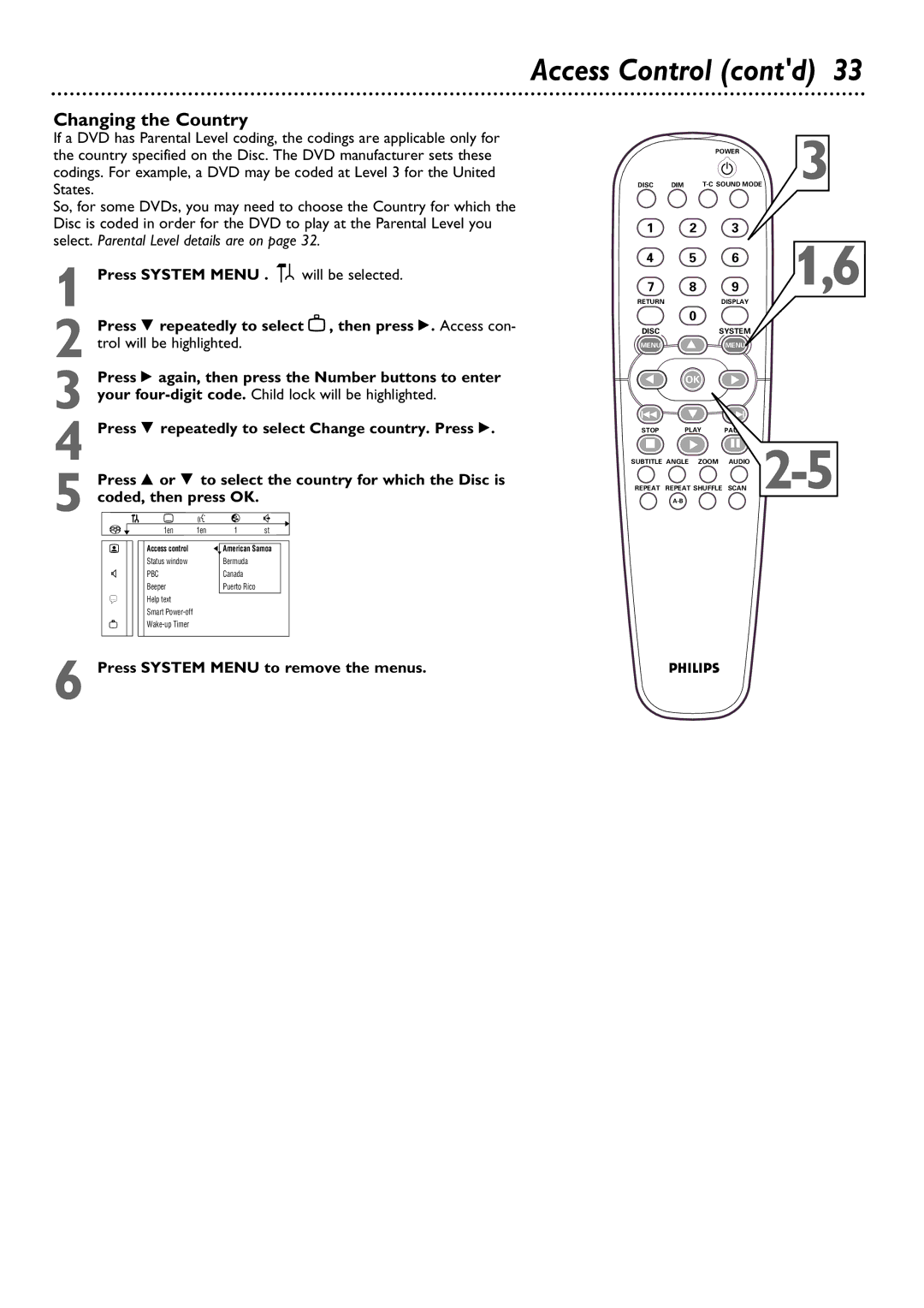 Philips DVD795SA owner manual Access Control contd, Changing the Country 