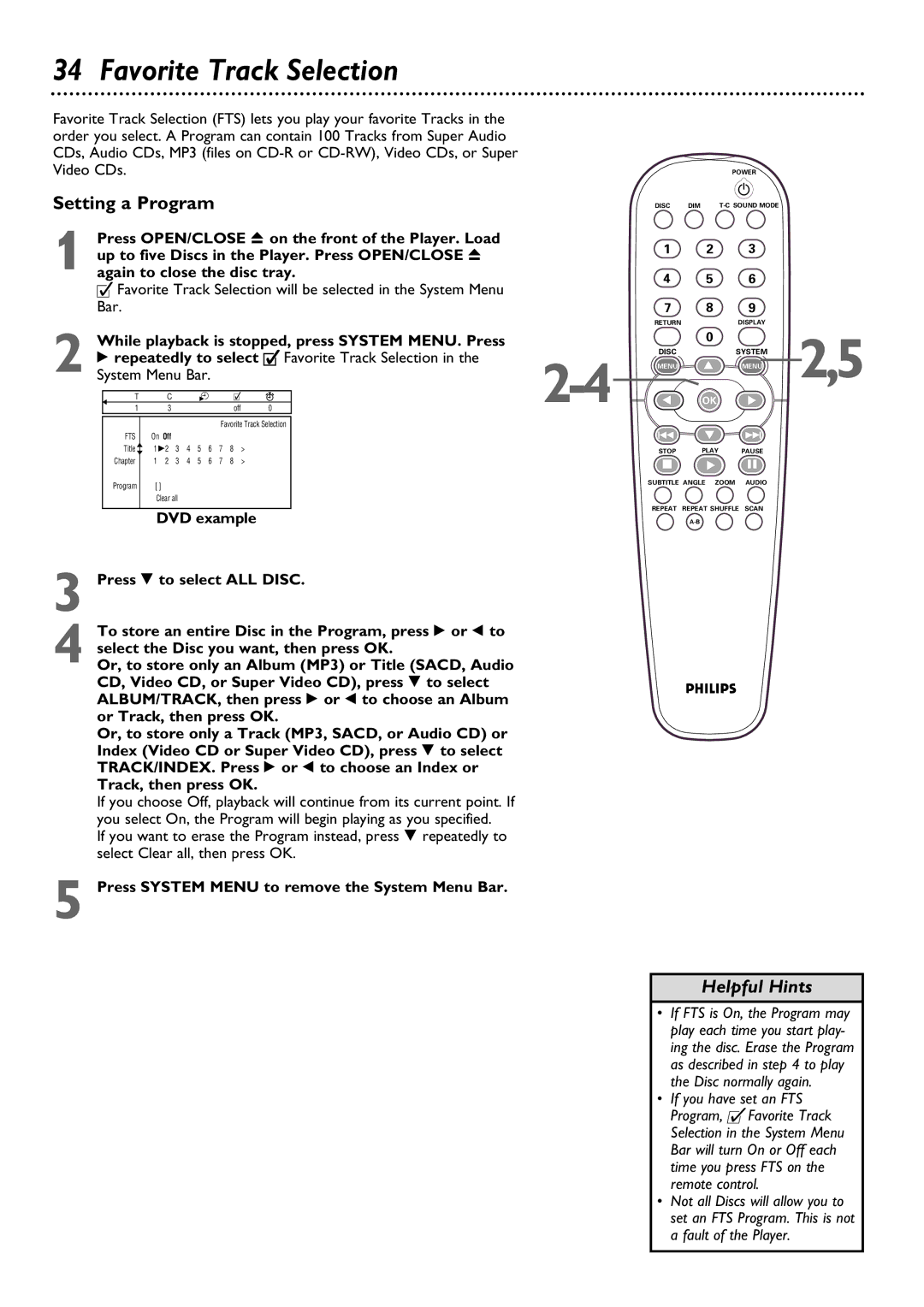 Philips DVD795SA Favorite Track Selection, Setting a Program, While playback is stopped, press System MENU. Press 