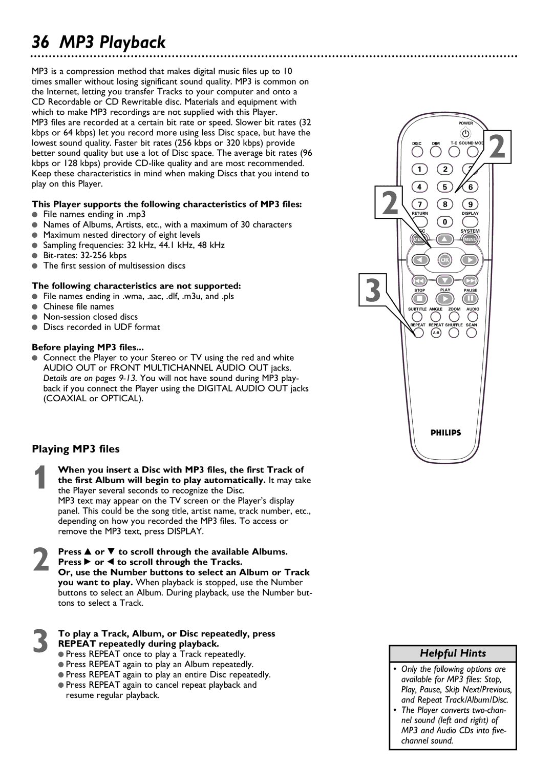 Philips DVD795SA owner manual 36 MP3 Playback, Playing MP3 files 