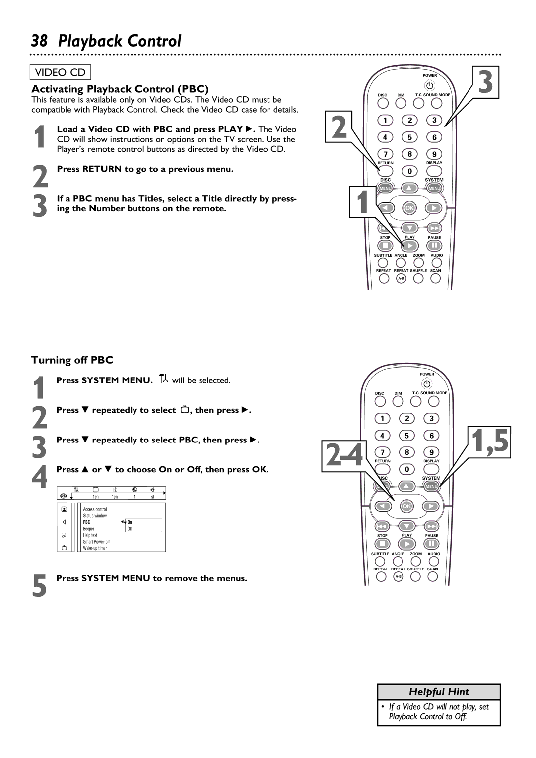 Philips DVD795SA owner manual Activating Playback Control PBC, Turning off PBC 