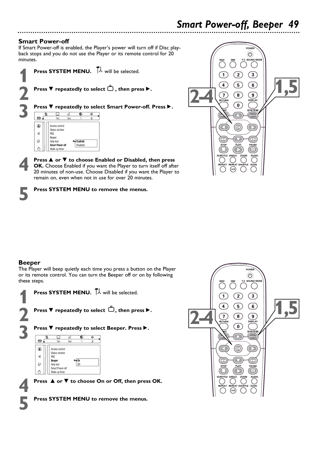 Philips DVD795SA owner manual Smart Power-off, Beeper, Press 9 repeatedly to select Smart Power-off. Press 