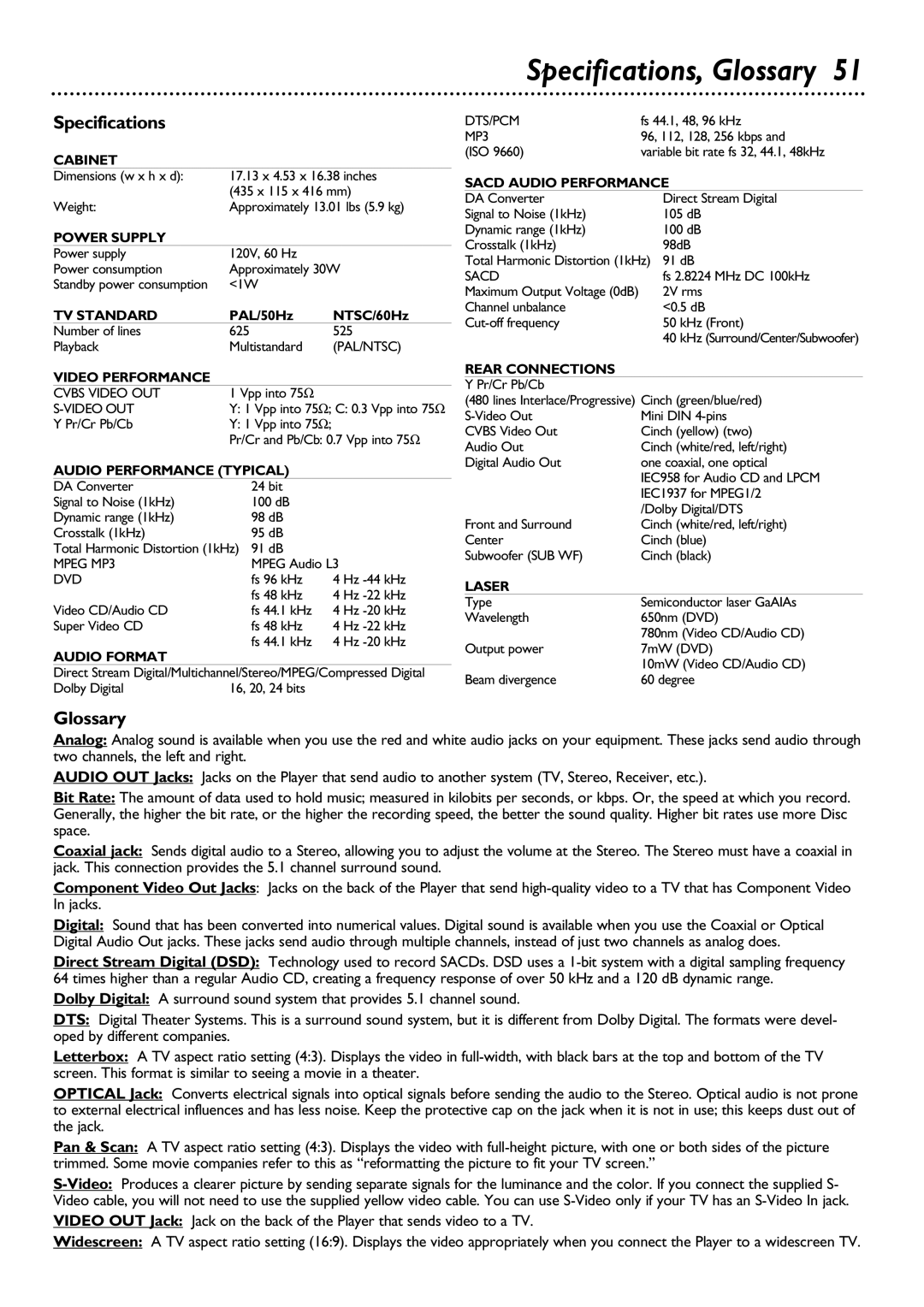 Philips DVD795SA owner manual Specifications, Glossary 