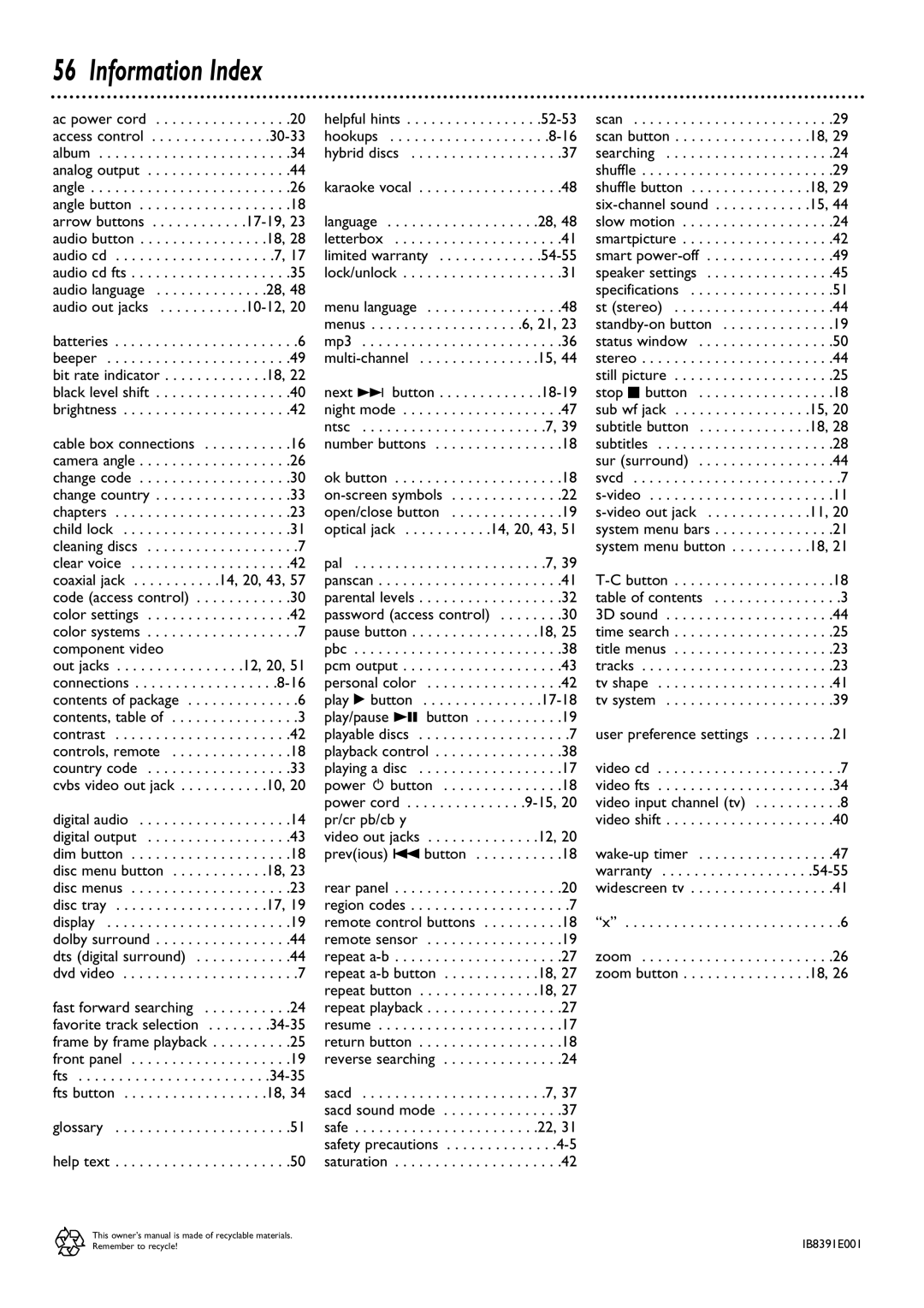 Philips DVD795SA owner manual Information Index 