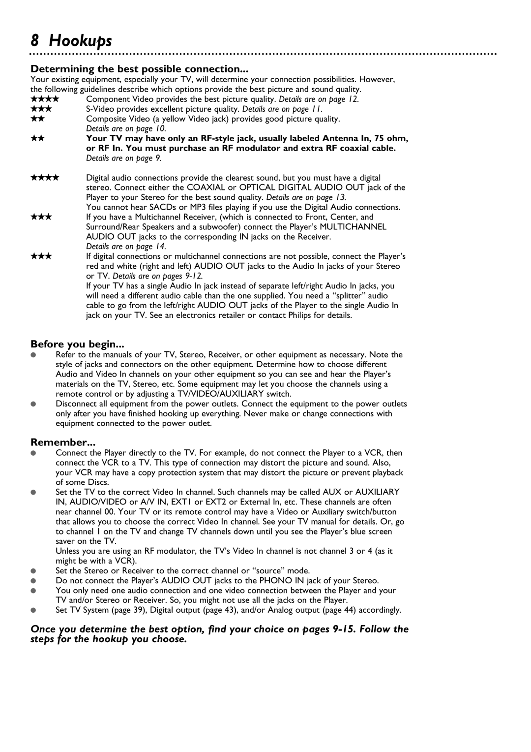 Philips DVD795SA owner manual Hookups, Determining the best possible connection, Before you begin, Remember 