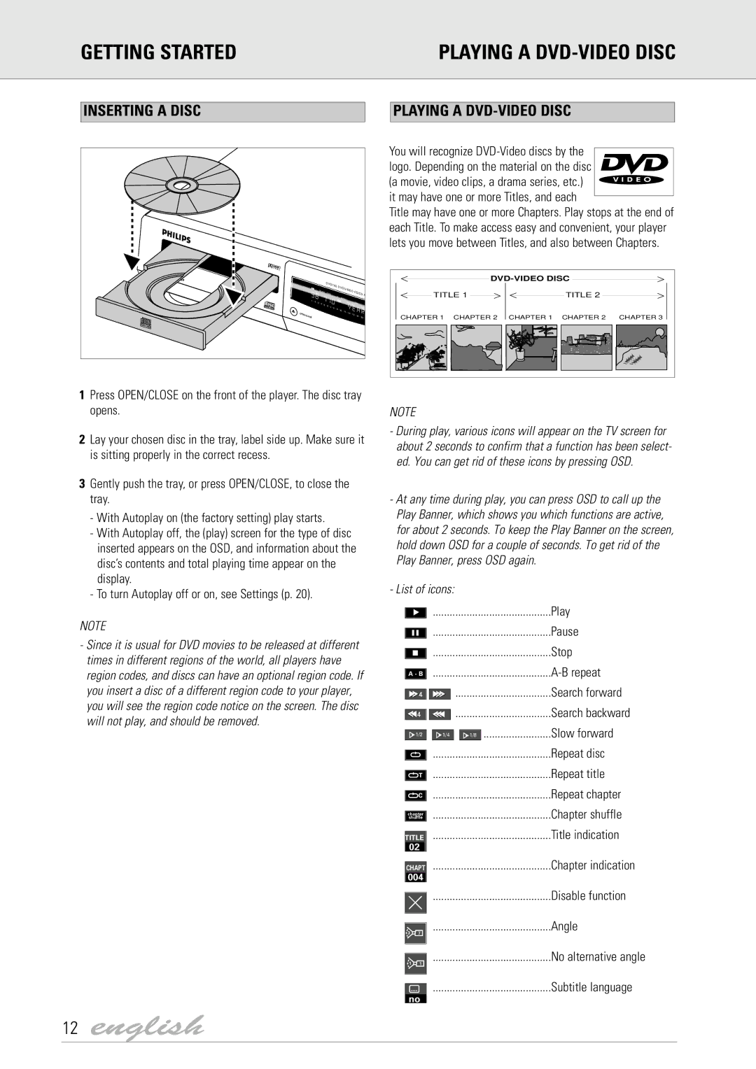 Philips DVD7X0, DVD700/004 manual Getting Started Playing a DVD-VIDEO Disc, Inserting a Disc Playing a DVD-VIDEO Disc 