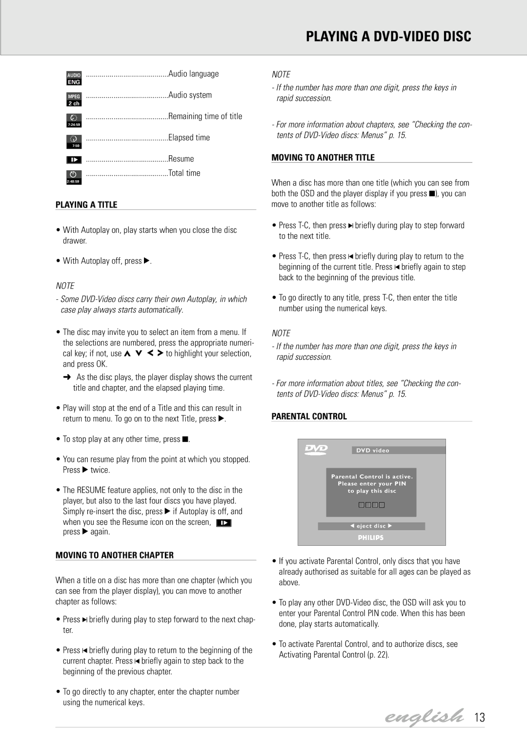 Philips DVD700/004, DVD7X0 manual Playing a Title, Moving to Another Chapter, Moving to Another Title, Parental Control 