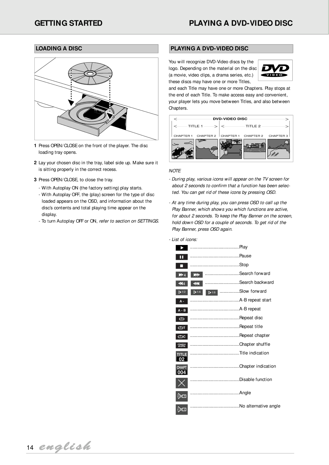 Philips DVD825 manual Getting Started Playing a DVD-VIDEO Disc, Loading a Disc 