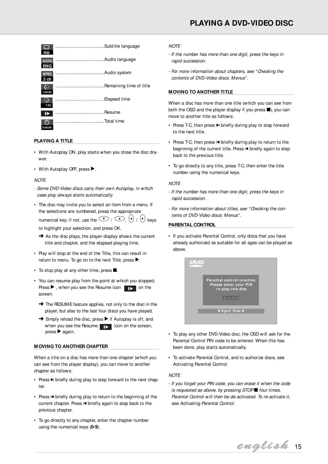 Philips DVD825 manual Playing a Title, Moving to Another Chapter, Moving to Another Title, Parental Control 