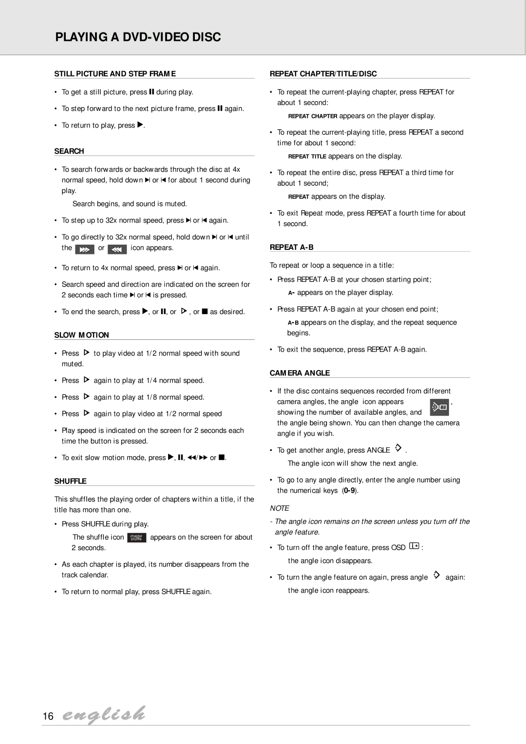 Philips DVD825 Still Picture and Step Frame, Search, Slow Motion, Repeat CHAPTER/TITLE/DISC, Repeat A-B, Camera Angle 
