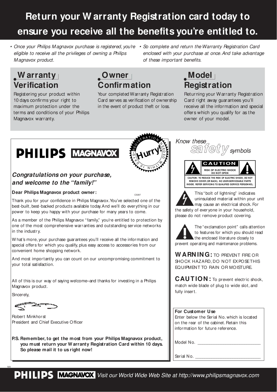 Philips DVD825 manual Prevent operating and maintenance problems, Model No Serial No 