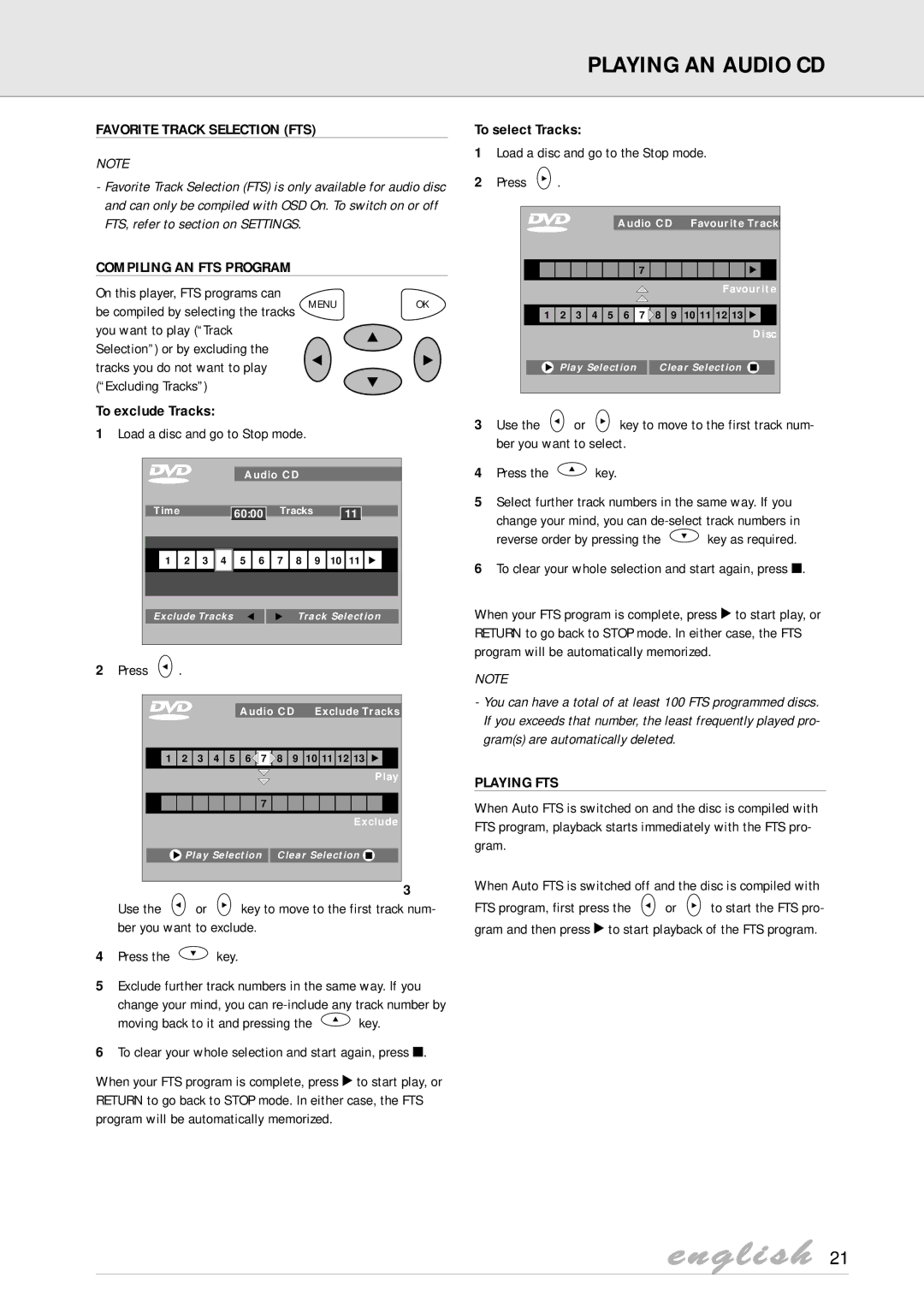 Philips DVD825 manual Favorite Track Selection FTS, Compiling AN FTS Program, Playing FTS 