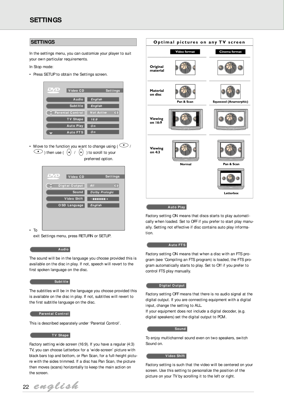 Philips DVD825 manual Exit Settings menu, press Return or Setup, This is described separately under ‘Parental Control’ 