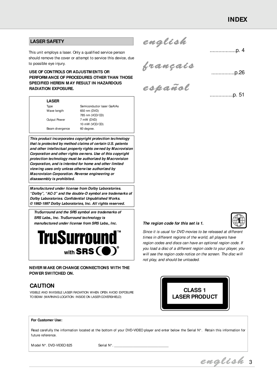 Philips DVD825 manual Index, Laser Safety, Never Make or Change Connections with the Power Switched on 