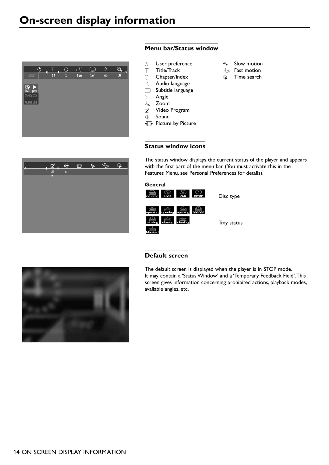 Philips DVD865 manual On-screen display information, Menu bar/Status window, Status window icons, Default screen, General 