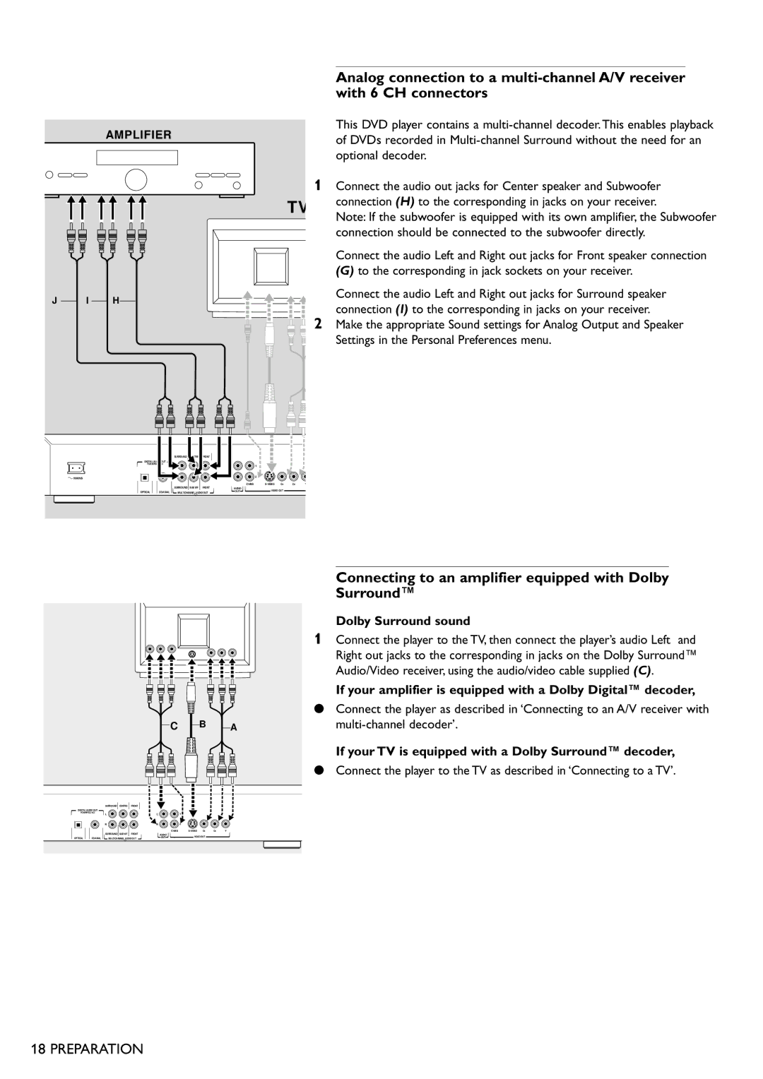 Philips DVD865 manual Connecting to an amplifier equipped with Dolby Surround, Dolby Surround sound 