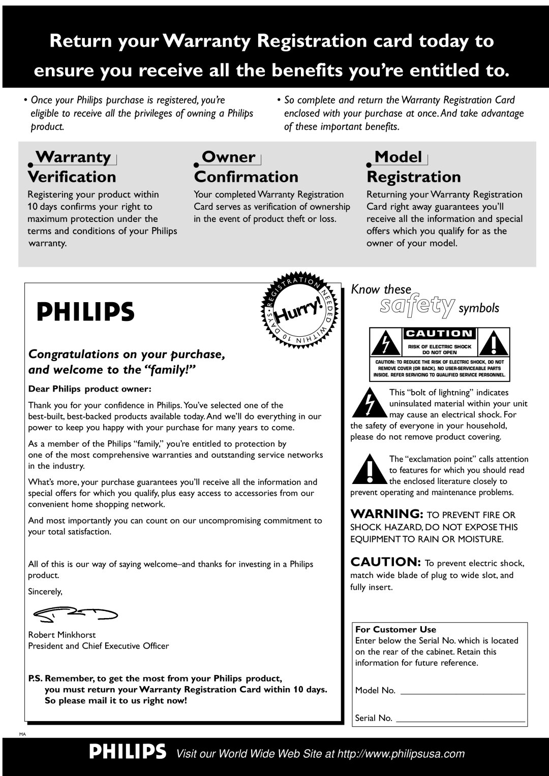 Philips DVD865 manual Dear Philips product owner, For Customer Use 