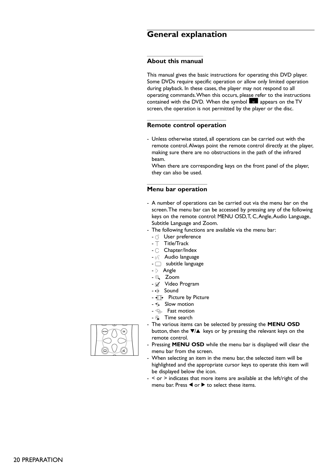 Philips DVD865 General explanation, About this manual, Remote control operation, Menu bar operation 