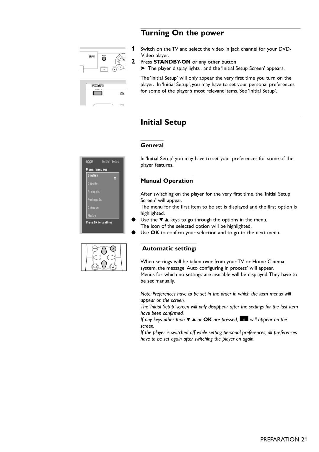 Philips DVD865 manual Turning On the power, Initial Setup, General, Manual Operation, Automatic setting 