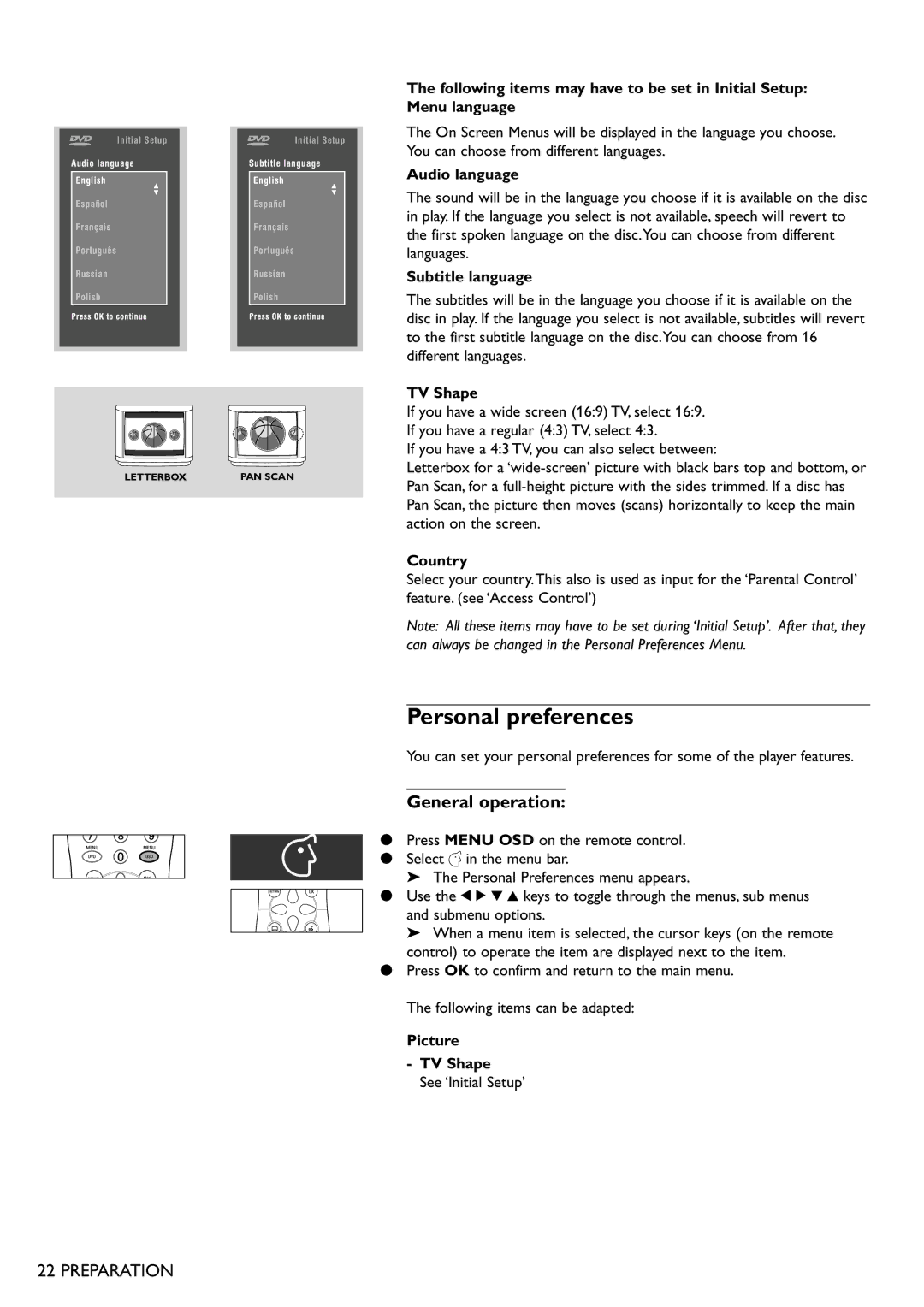 Philips DVD865 manual Personal preferences, General operation 