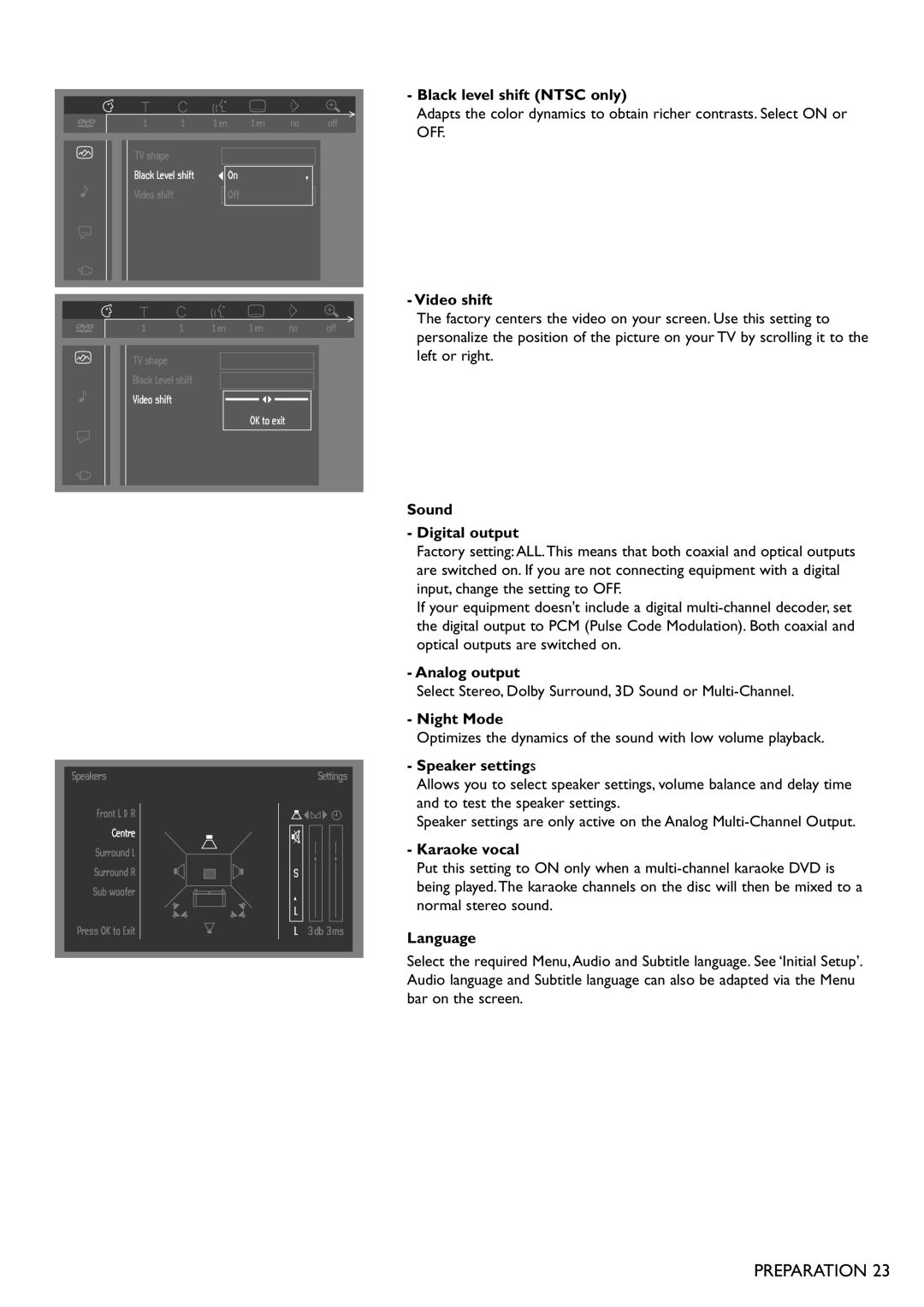 Philips DVD865 Black level shift Ntsc only, Video shift, Sound Digital output, Analog output, Night Mode, Speaker settings 