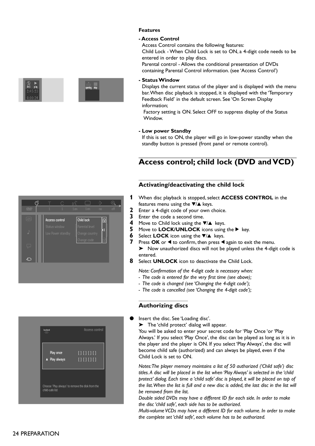 Philips DVD865 manual Access control child lock DVD and VCD, Activating/deactivating the child lock, Authorizing discs 