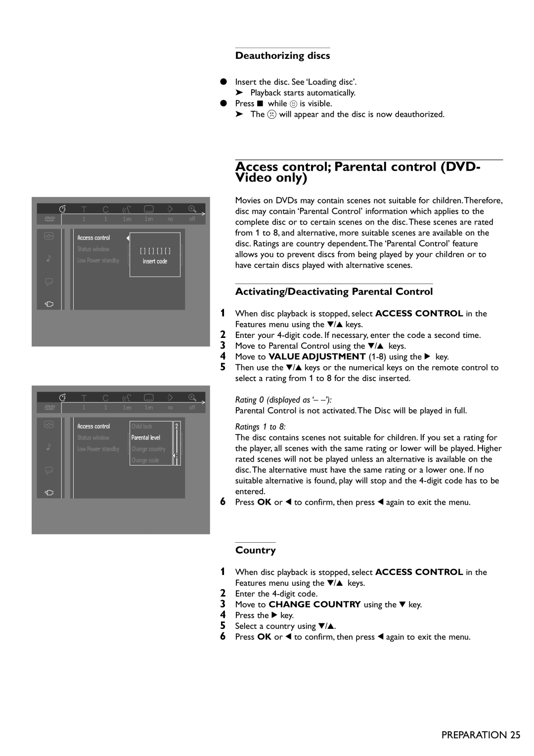 Philips DVD865 manual Access control Parental control DVD- Video only, Deauthorizing discs, Country 