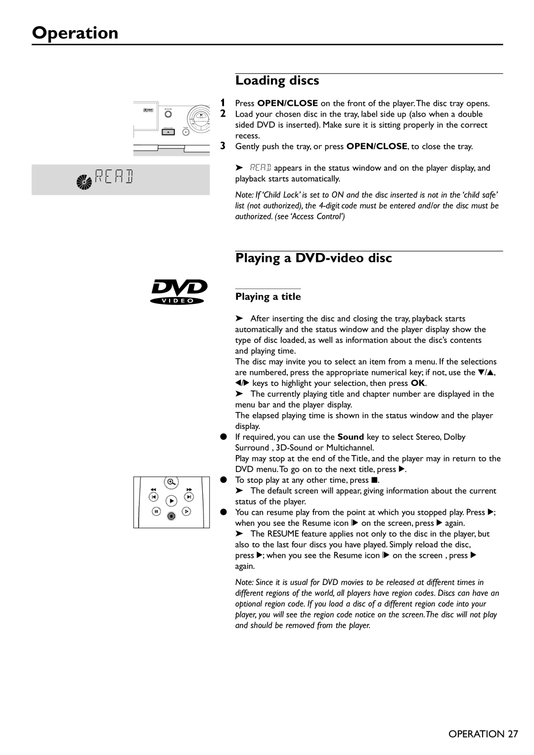 Philips DVD865 manual Operation, Loading discs, Playing a DVD-video disc, Playing a title 