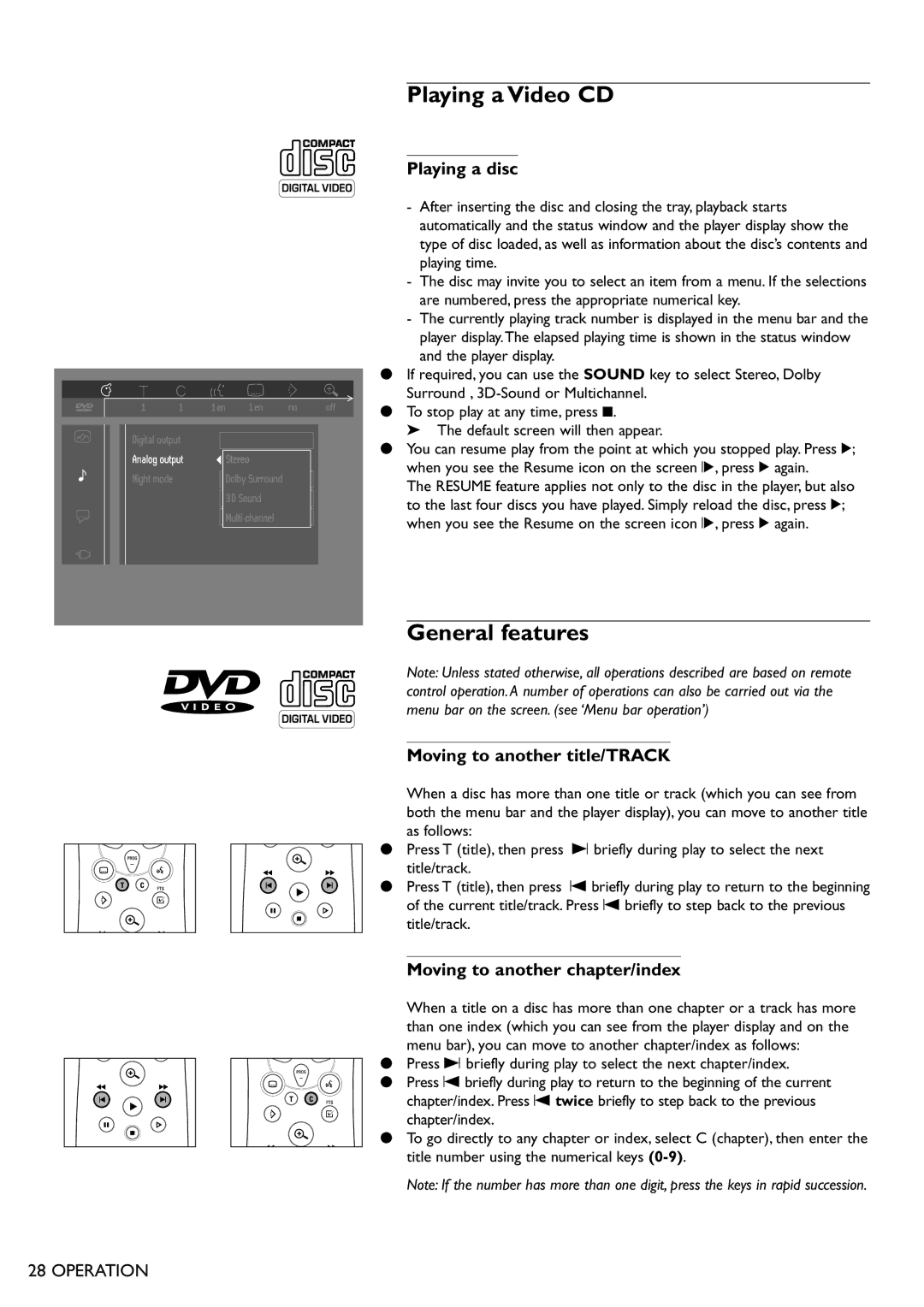 Philips DVD865 manual Playing a Video CD, General features, Playing a disc, Moving to another title/TRACK 